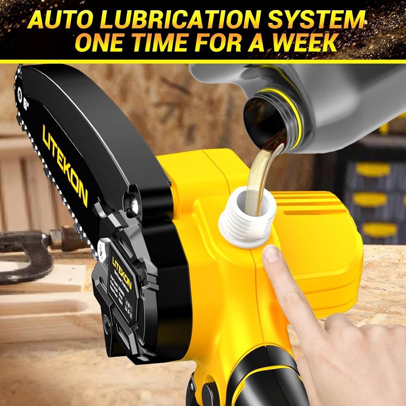 LITEKON Cordless Mini Chainsaw Kit with 2000mAh Battery & Quick Charger & 2 Chains - 2025 Upgraded Best 6Inch Electric Chain Saw with Auto-Oil System, Brushles High Power Motor - Perfect for Gifts - Image 3